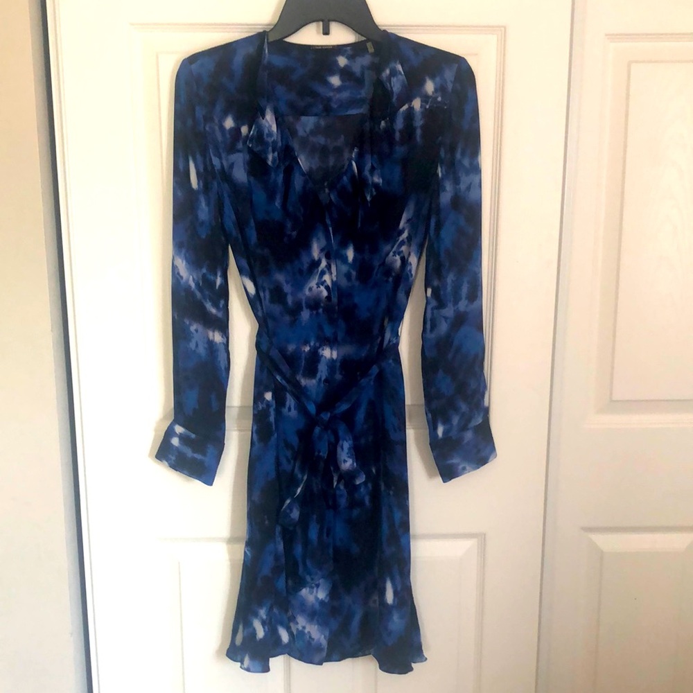 ELIE TAHARI Origami Blue and White Long Sleeve Button Up Shirt Dress Size 10